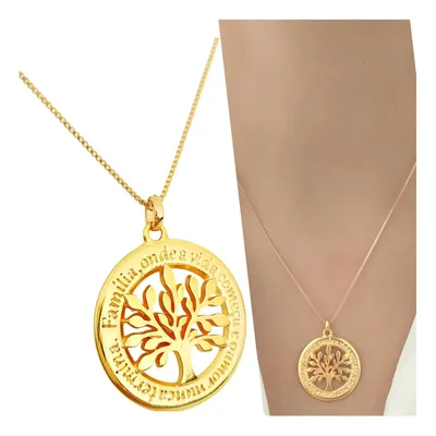 Colar Feminino Veneziana E Pingente Árvore Da Vida Folheado