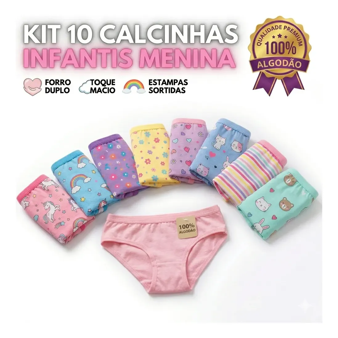 Kit 10 Calcinha Infantil Premium Feminina Algodão De Menina