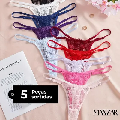 Kit 5 Calcinha Fio Dental Renda Regulagem Sensual E Sexy