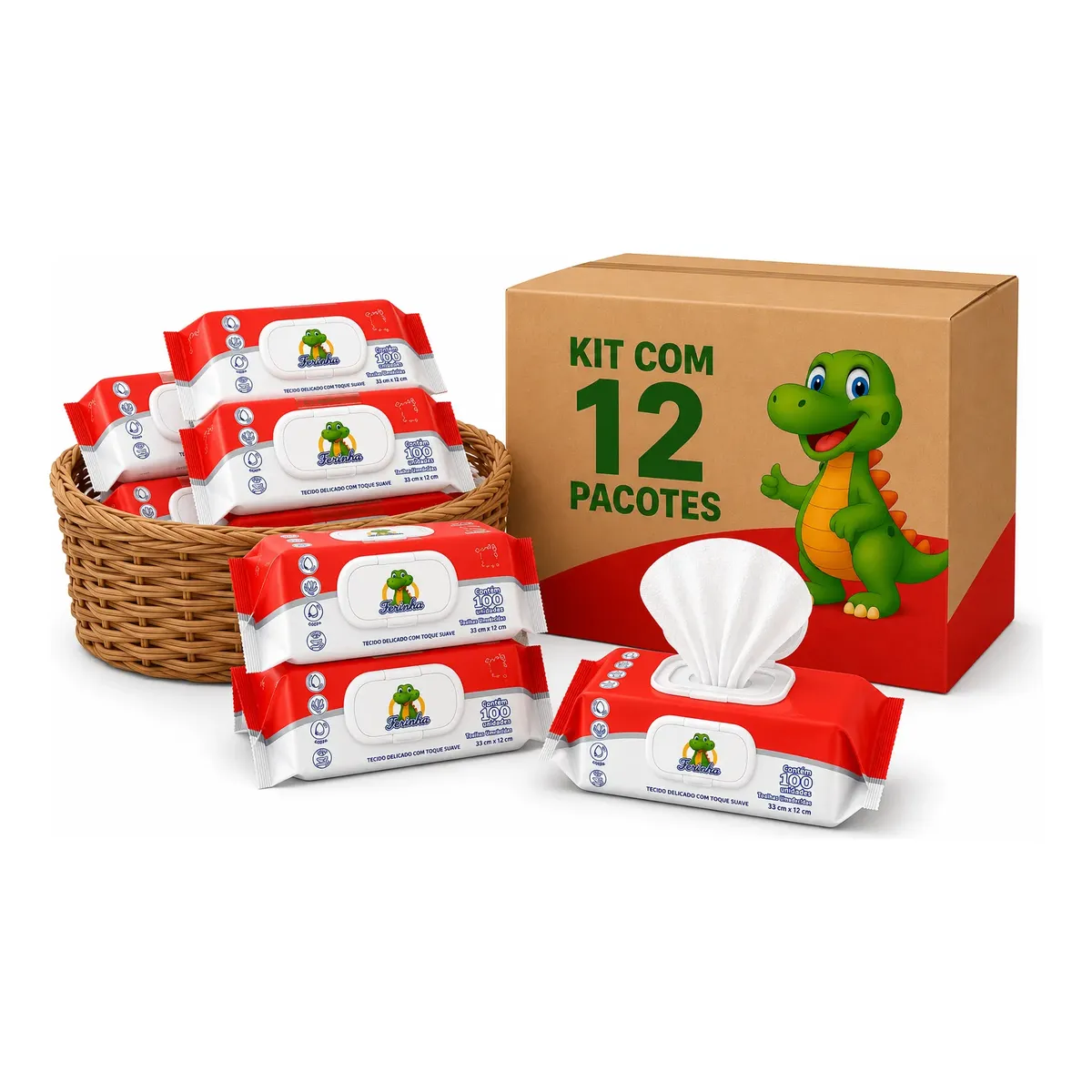 Kit 12pct Toalha Lenço Umedecido Infantil Ferinha C/1200 Uni