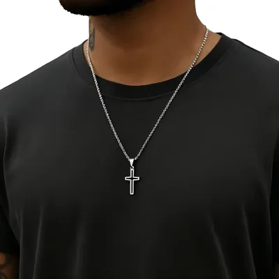Corrente Masculino Colar Pingente Cruz Vazada Em Aço Inox