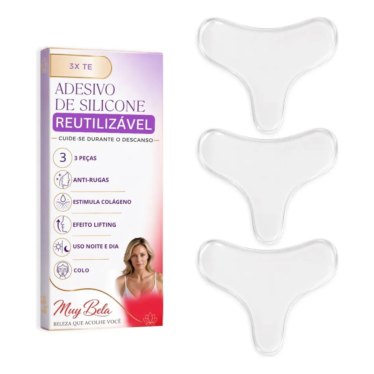 Kit 3un Adesivo Silicone Anti Rugas Colo Tê - Peito 30 Usos