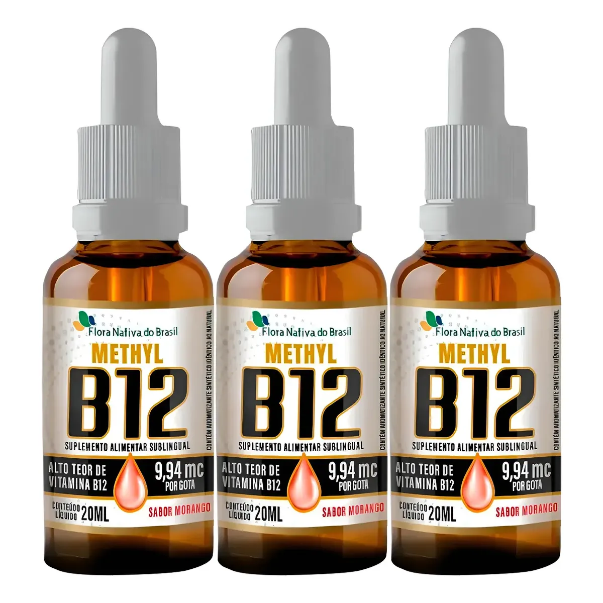 Kit 3 Vitamina B12 Em Gotas 9,94mcg Sabor Morango