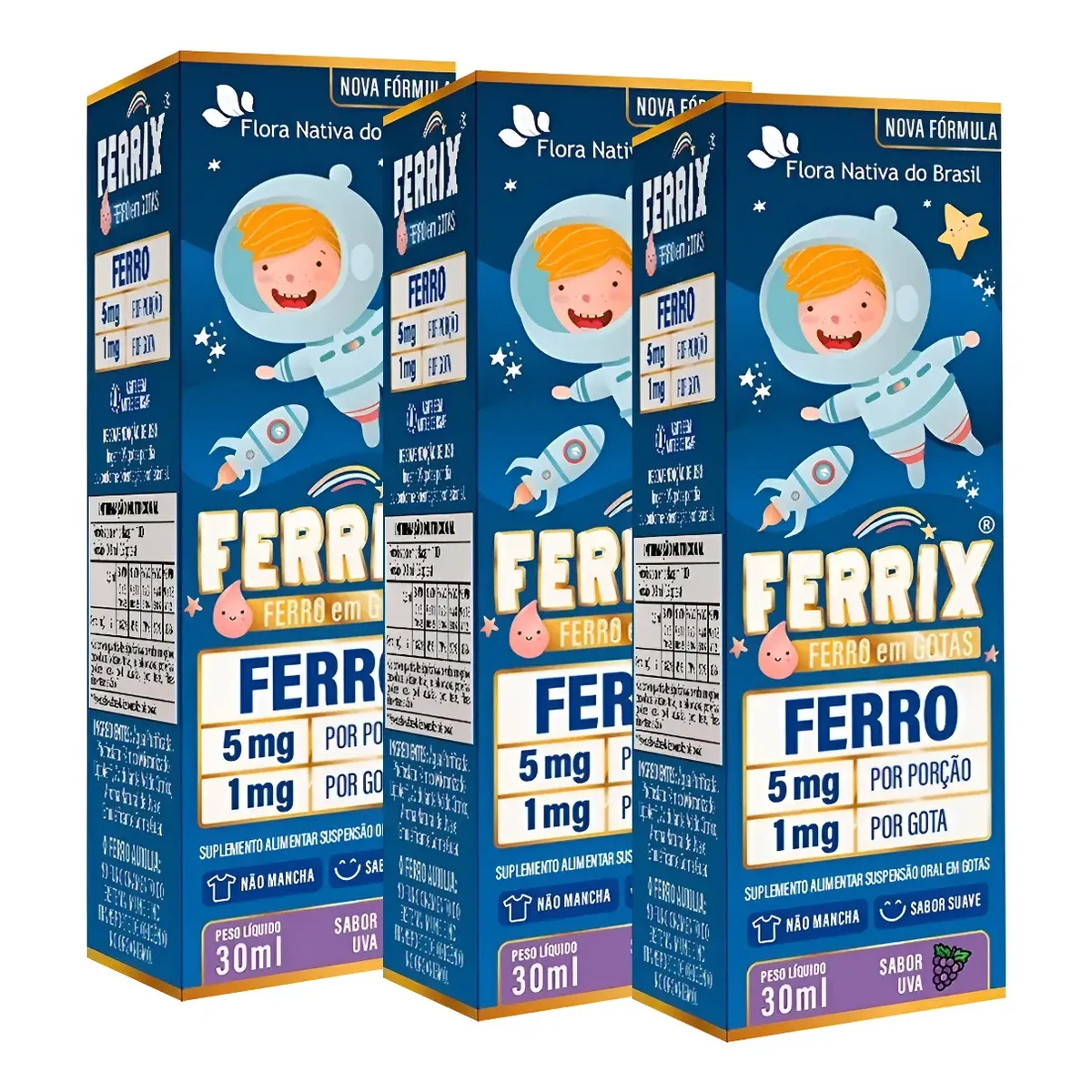 Kit 3 Suplemento Infantil Ferrix Ferro 5mg 30ml - Sabor Uva