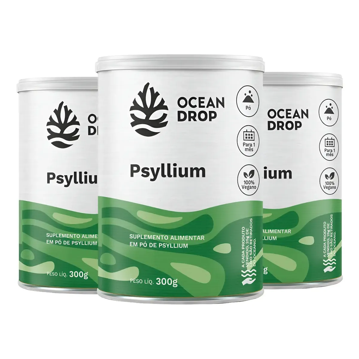 Kit 3x Psylium Em Pó Ocean Drop Fibras Solúveis 100% Vegan