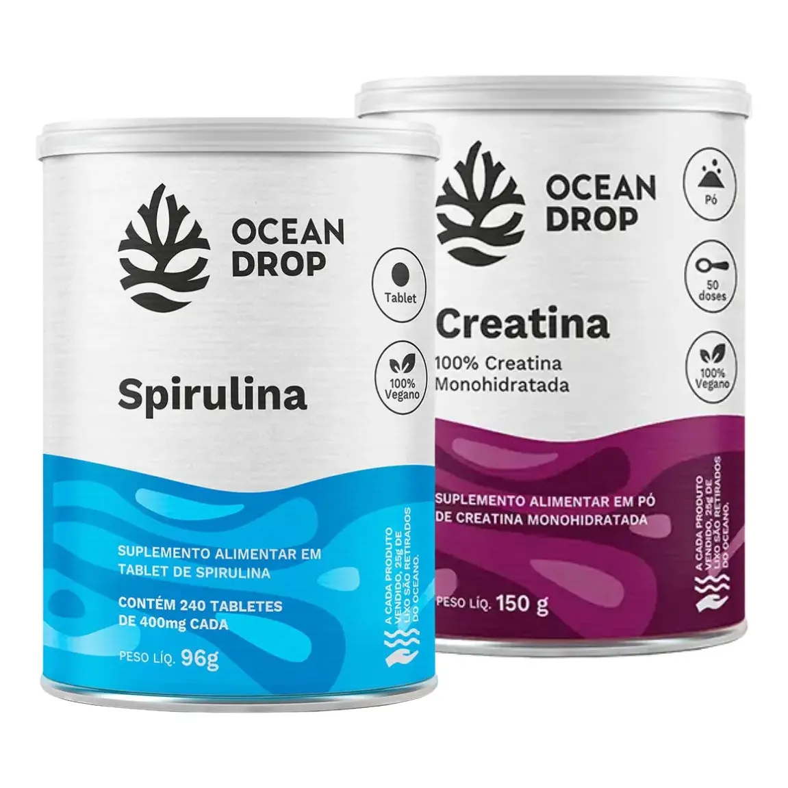 Kit Creatina 100% + Spirulina Orgânica Vegano Ocean Drop