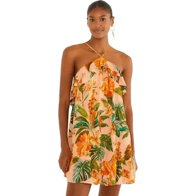 Vestido Curto Farm Rio Canto Dos Pássaros Laranja