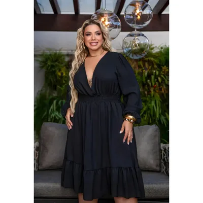 Vestido Plus Size Curto Soltinho Manga Longa Vira Manga 3/4