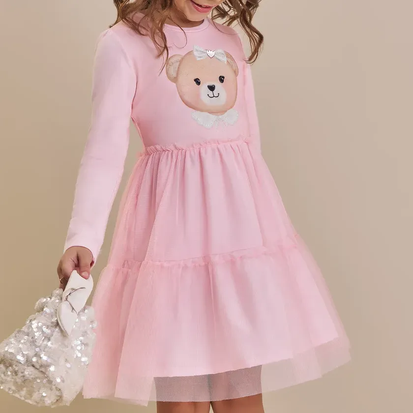 Vestido Infantil Em Cotton E Tule Com Elastano Ursa Kukiê