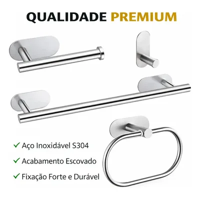 Kit Banheiro Autoadesiva 4 Pç Inox-prata Sem Furo Fixação 3m