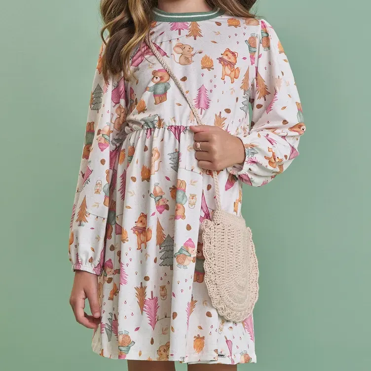 Vestido Infantil Malha Comfy Bichos Verde Alecrim Kukiê