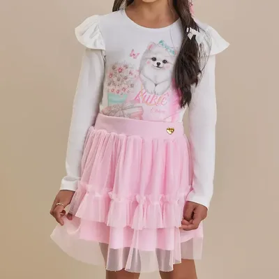 Conjunto Infantil Blusa Cotton Dog Saia Tule Rosa Kukiê
