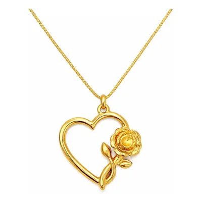 Colar Feminino Pingente Coração Vazado E Rosa Folheado Ouro