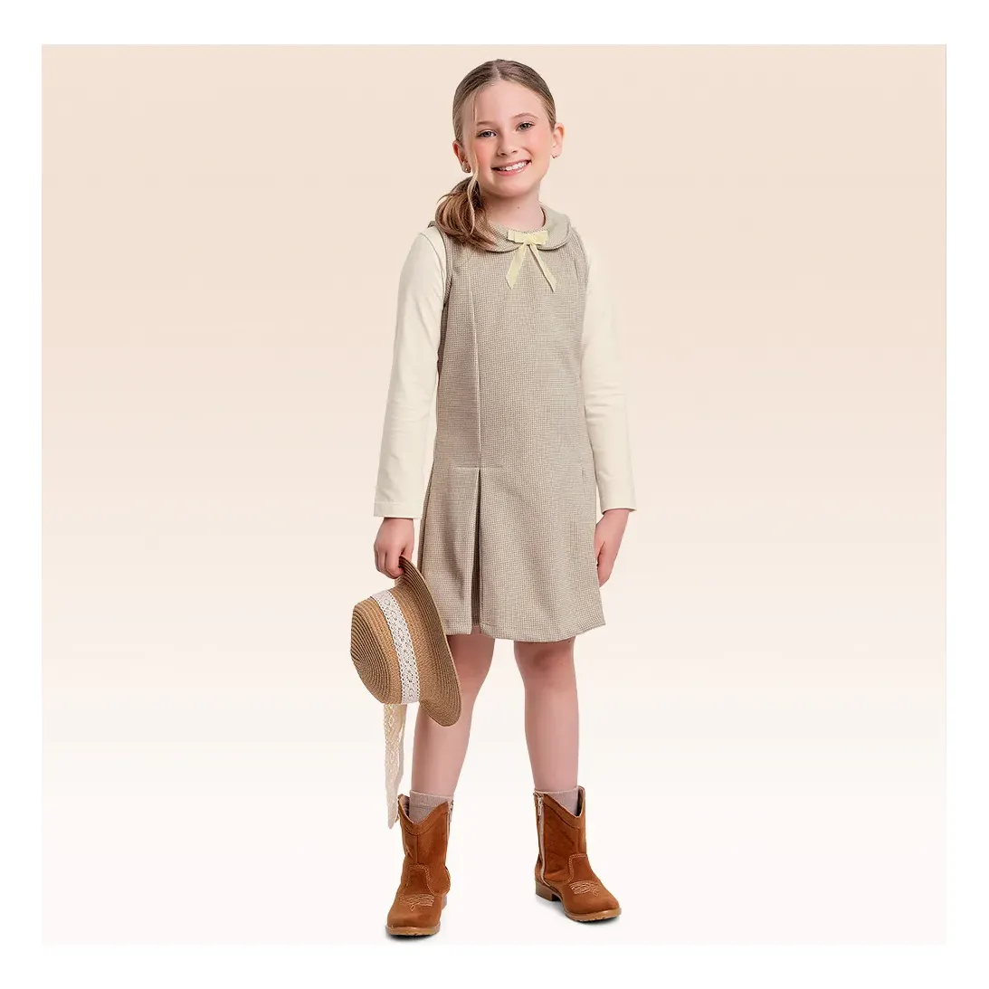 Conj. Blusa Malha Bege Vestido Malha Em Pied De Poule Fakini