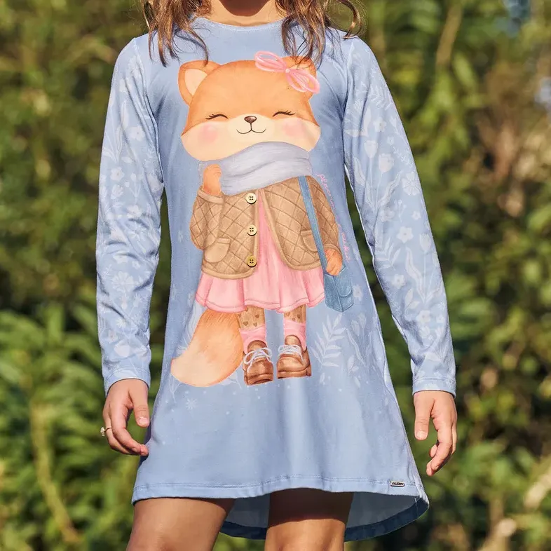 Vestido Infantil Malha Comfy Raposa Azul Alecrim Kukiê