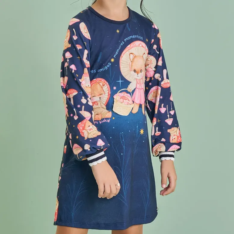 Vestido Infantil Malha Fresh Azul Cogumelos Alecrim Kukiê