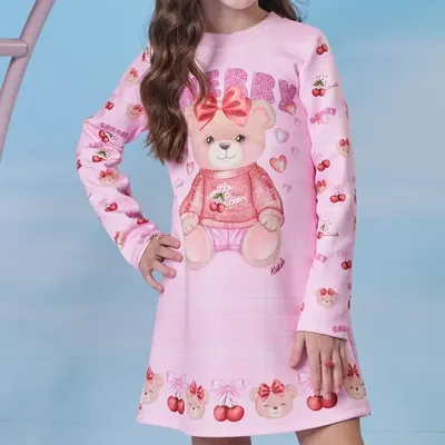 Vestido Infantil Fly Tech Ursa E Cerejas Rosa Kukiê