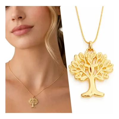 Colar Feminino E Pingente Árvore Da Vida Galhos Banhado Ouro