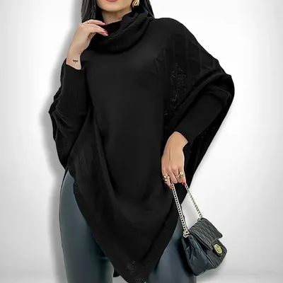 Blusa Poncho Tricot Assimétrico Alongado Manga Longa Suéter