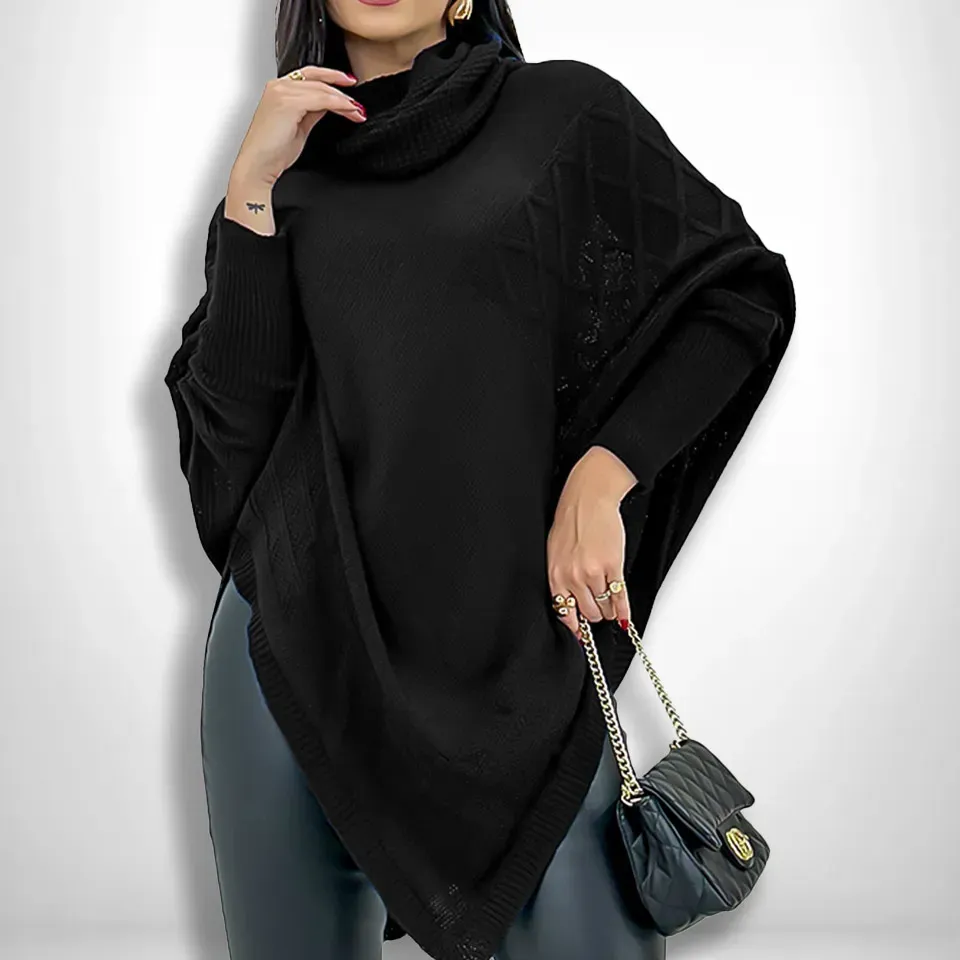 Blusa Poncho Tricot Assimétrico Alongado Manga Longa Suéter