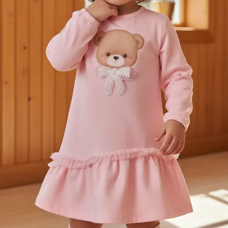 Vestido Bebê Manga Longa Em Cotton Ursa Rosa Kukiê