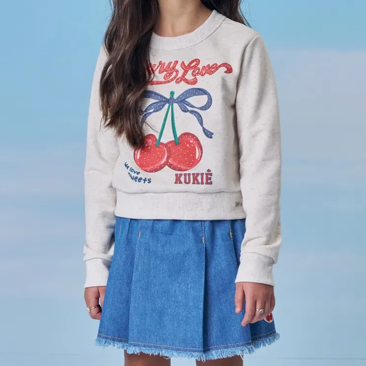 Conjunto Infantil Blusão Sem Felpa Linho Saia Jeans Kukiê