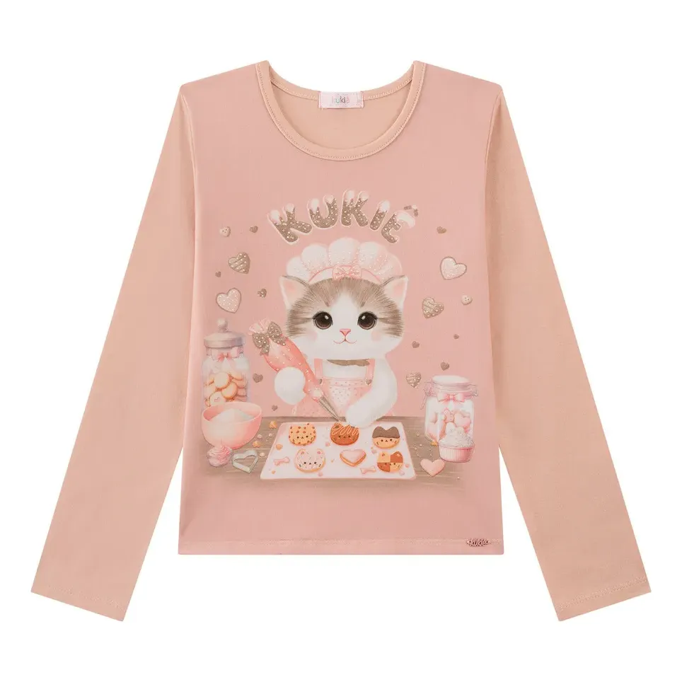 Blusa Infantil Em Cotton Gatinha Rosê Kukiê