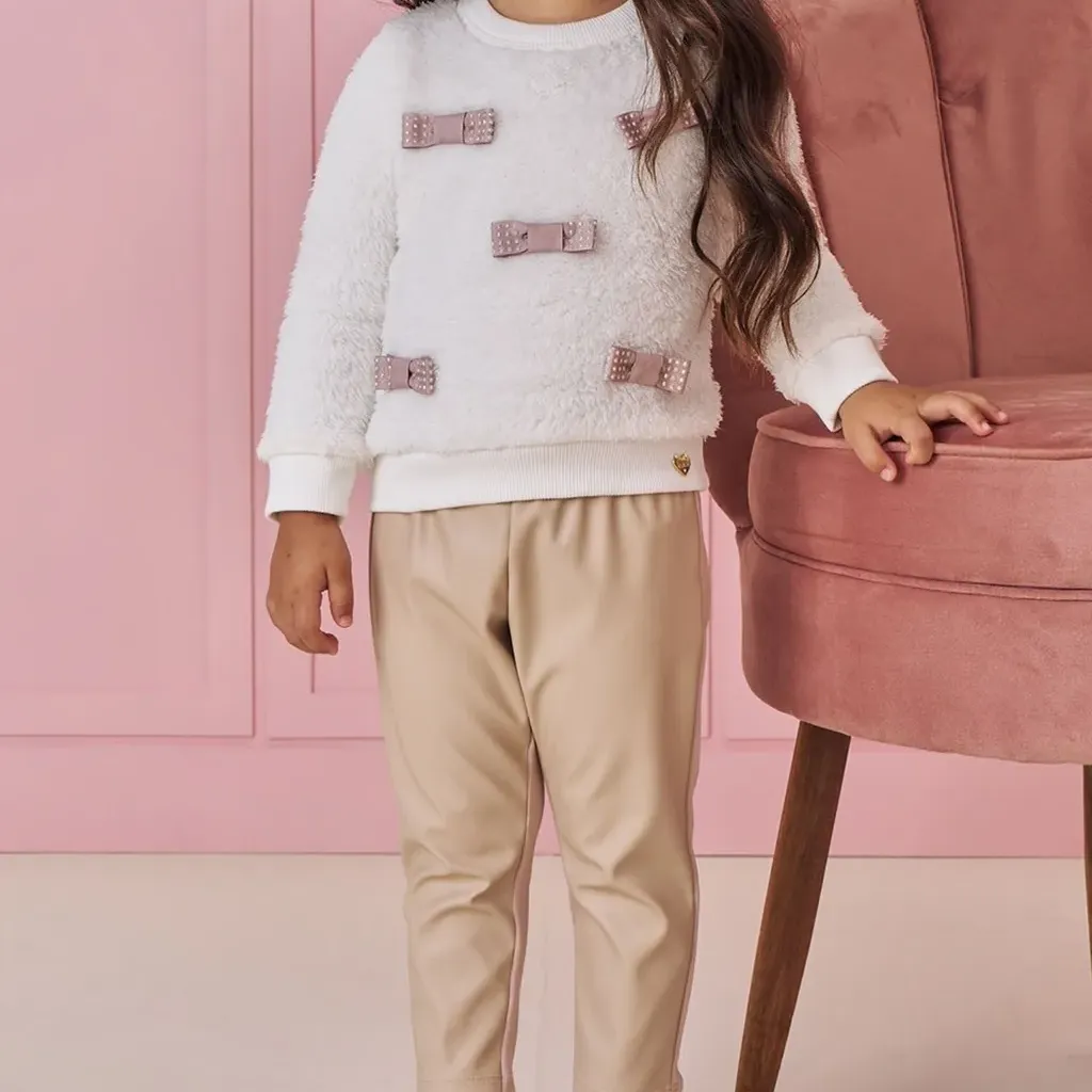 Conjunto Infantil Blusão Pelos Laços Legging Couro Eco Kukiê
