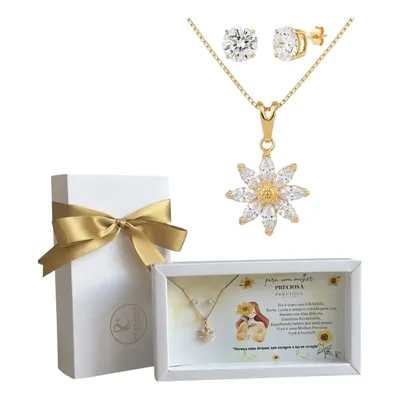 Colar Girassol Feminino Kit Presente Mulher Banhado Ouro 18k