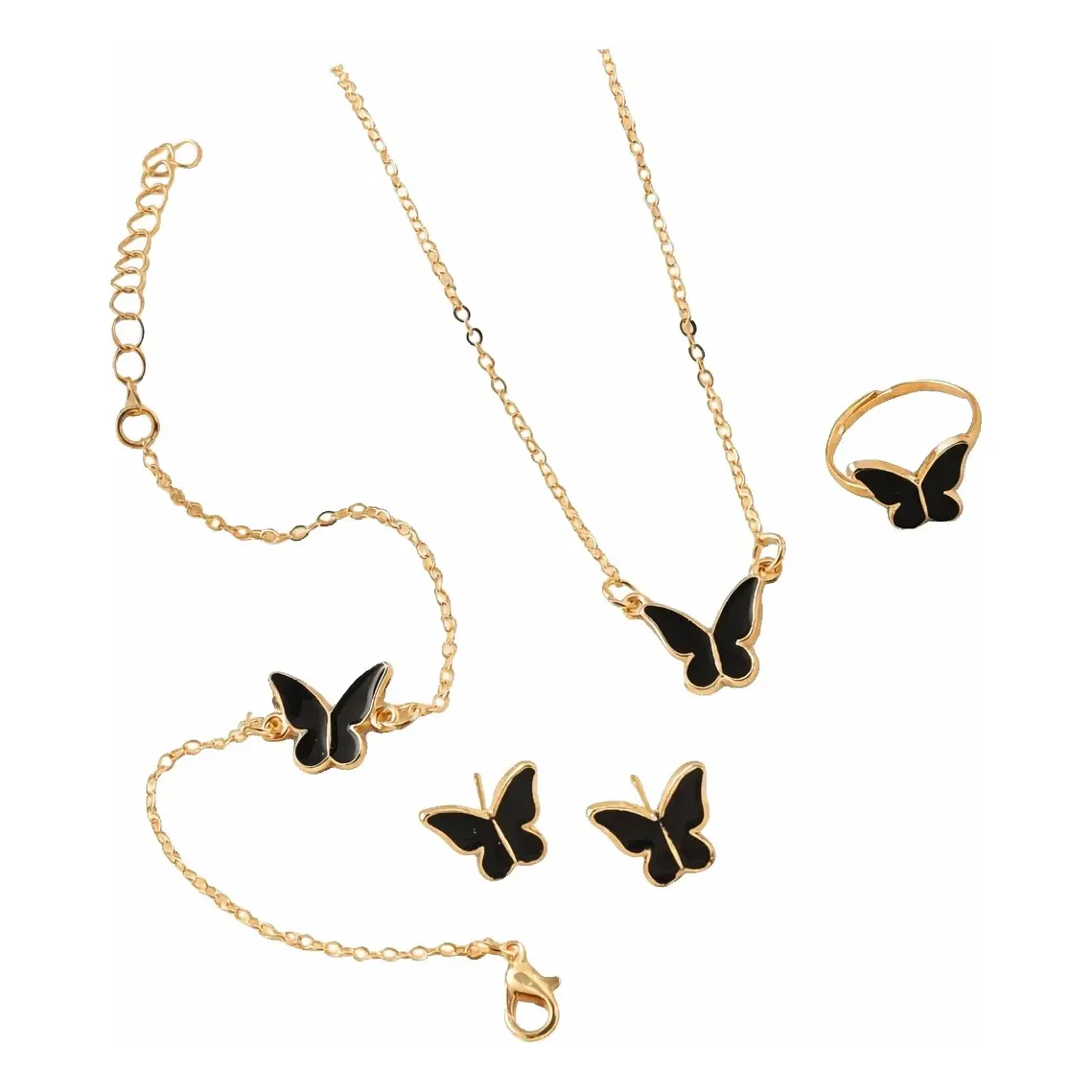 Kit Joias Femininas 4 Peças Borboleta Black Premium Gold