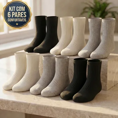 Meias Cano Médio Alto Kit Com 6 Pares Academia