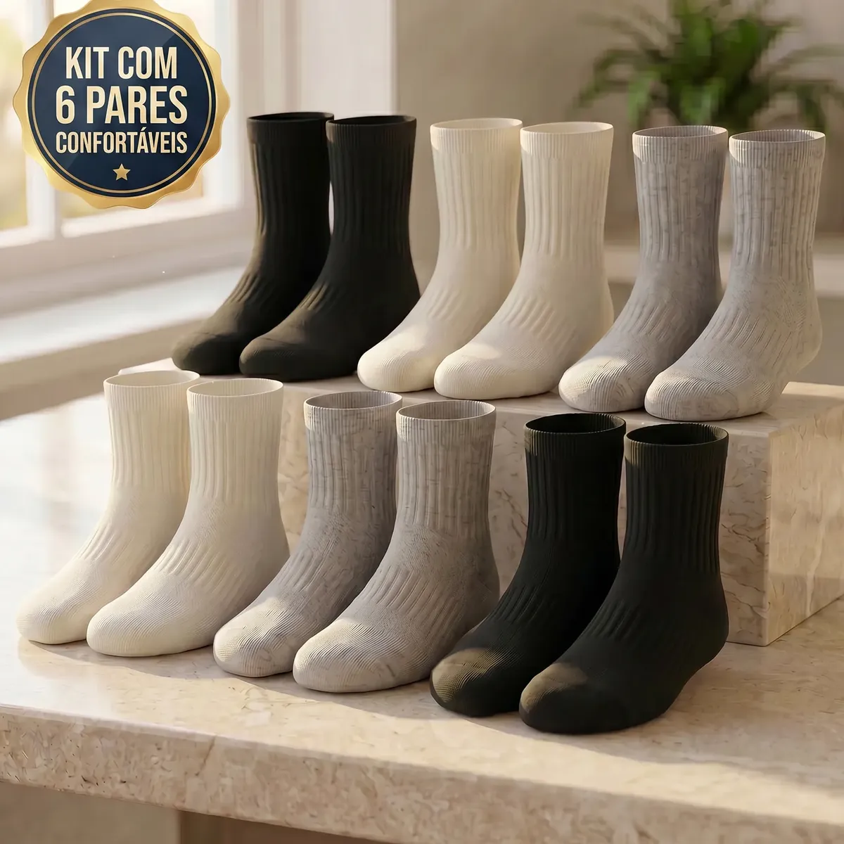 Meias Cano Médio Alto Kit Com 6 Pares Academia