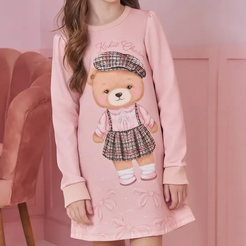 Vestido Infantil Manga Longa Em Fly Tech Ursinha Kukiê