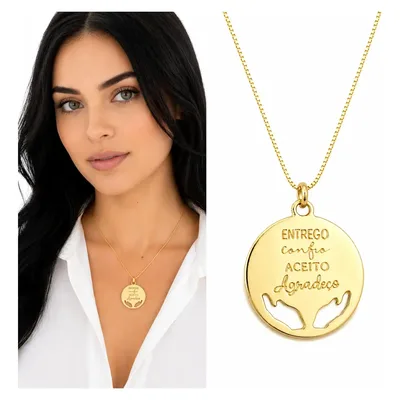 Colar Feminino E Pingente Medalha Confio Folheado A Ouro 18k