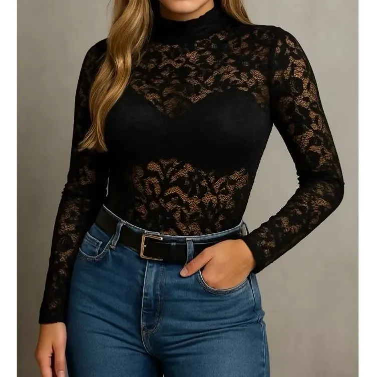 Body Renda Feminina Gola Alta Manga Longa Elegante Inverno