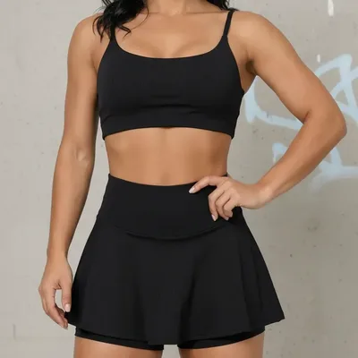 Conjunto Academia Feminino Short Saia Com Top Faixa Cropped