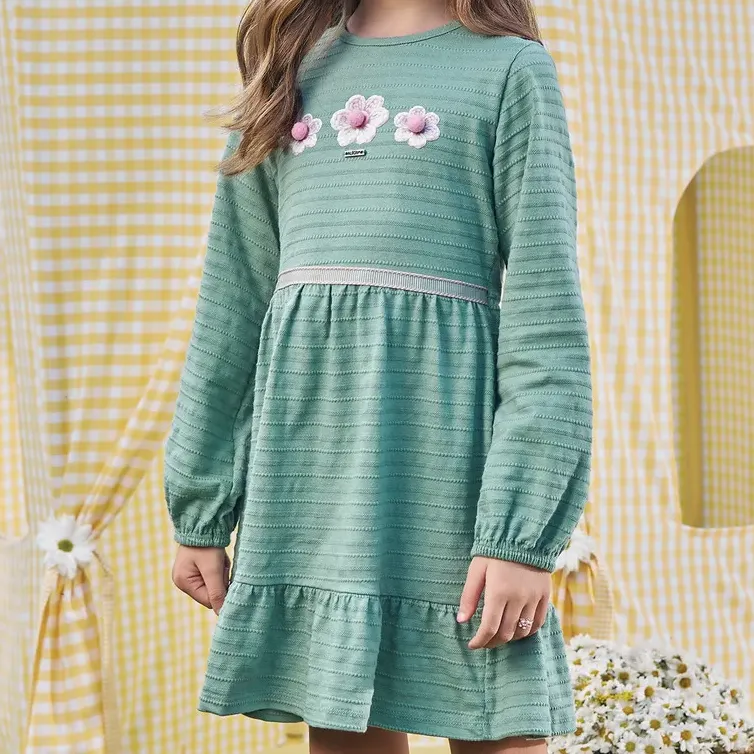Vestido Infantil Em Malha Textura Flores Alecrim Kukiê