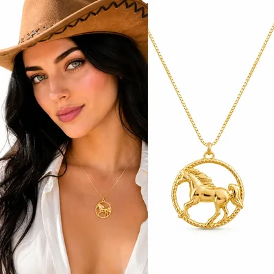 Colar Feminino Pingente Country Medalha Cavalo Folheado Ouro