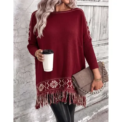 Poncho Feminino Tricot Manga Longa Suéter Tricô Moda Inverno