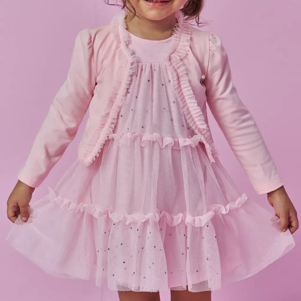 Vestido Infantil Tule Com Elastano E Casaqueto Cotton Kukiê