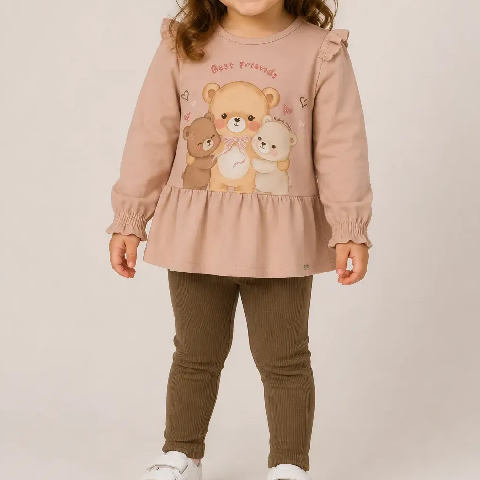 Conjunto Infantil Bata Cotton Ursas E Legging Canelado Kukiê
