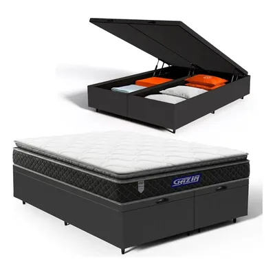 Box Baú + Colchão Gazin De Espuma Pillow Top Ortoblack Queen