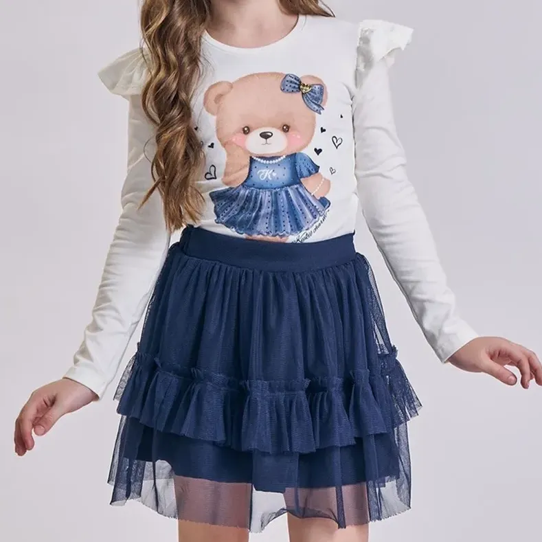Conjunto Infantil Blusa Cotton Ursa Saia Tule Azul Kukiê