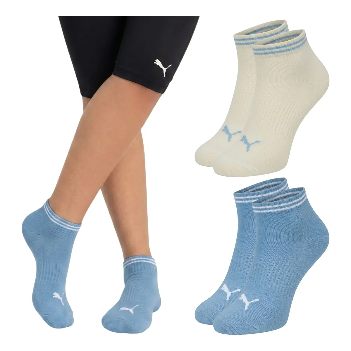 Kit 2 Pares Meia Puma Feminina Cano Curto Cotton Original 1 Azul Céu - 1 Off White Sapatilha Colorida Respirável 34-39