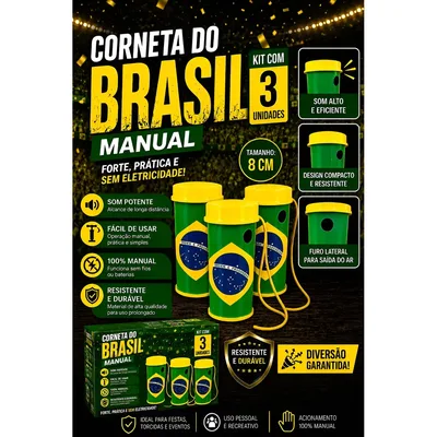 Kit 3 Corneta Brasil Vuvuzela Verde Amarelo Torcida