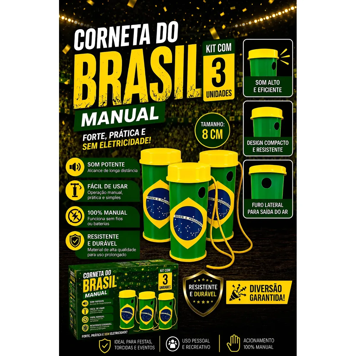 Kit 3 Corneta Brasil Vuvuzela Verde Amarelo Torcida
