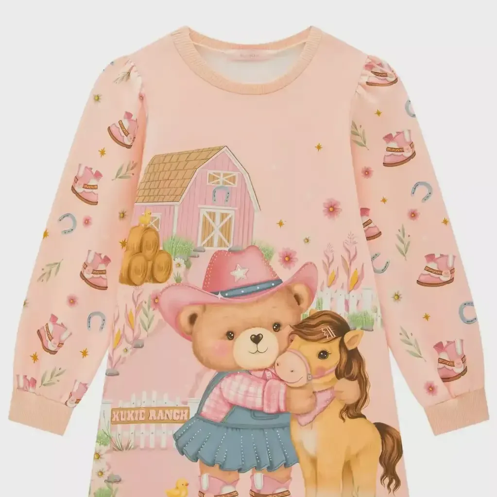 Vestido Infantil Fly Tech Ursa Cowgirl Rosa Kukiê