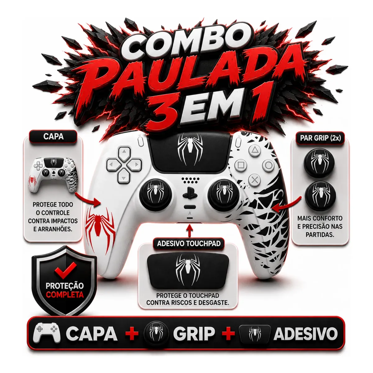 Capa Oficial Para Controles Ps5 + 1 Par De Grip + 1 Adesivo Touchpad (kit 3 Em 1) Em Silicone Dualsense-playstation 5