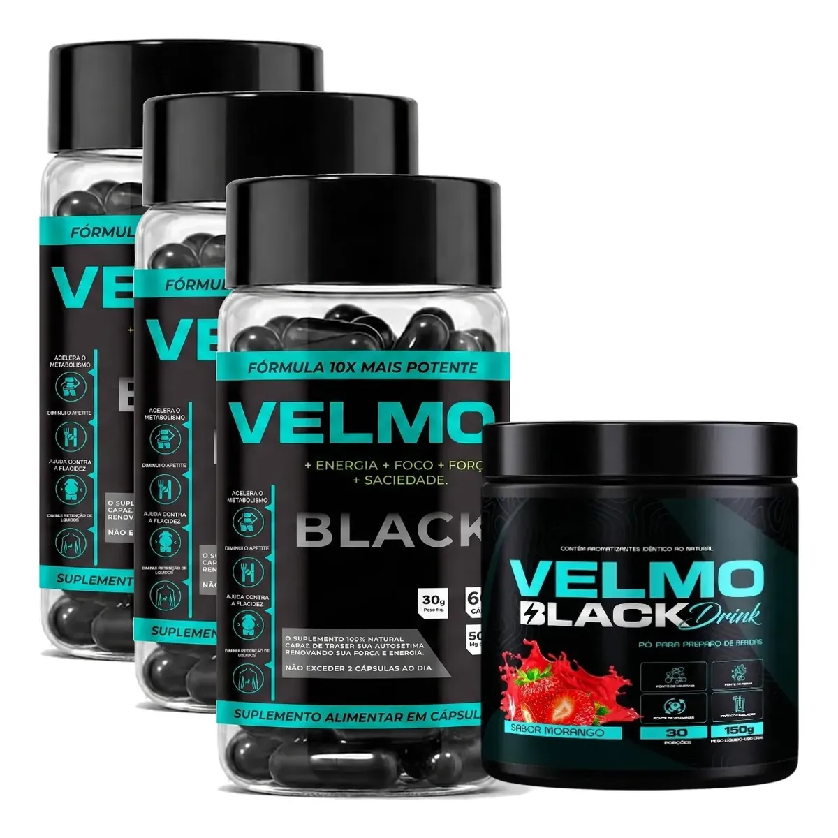 Kit 1 Velmo Black Drink + 3 Potes Velmo Caps. O Mais Potente