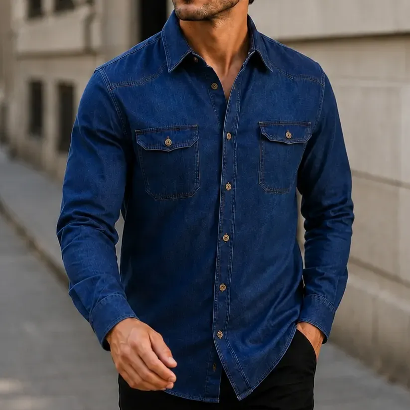 Camisa Jeans Masculina Social Slim Manga Longa